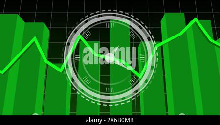 Image of ticking clock over statistical data processing against black background Stock Photo