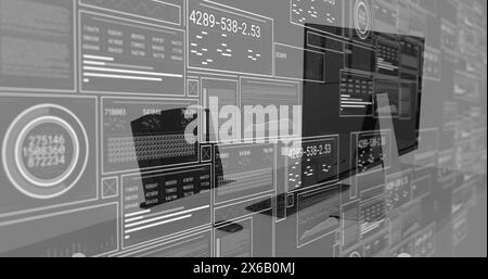 Image of network of connections with icons over office desk with computer Stock Photo