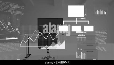Image of network of connections with icons over office desk with computer Stock Photo