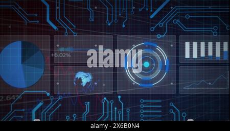 Image of interface with round scanner, data processing and microprocessor connections Stock Photo
