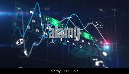 Image of digital icons over glowing graphs and data processing against blue background Stock Photo