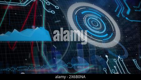 Image of round scanner, statistical data processing and microprocessor connections Stock Photo