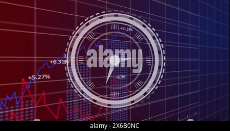 Image of ticking clock over statistical data processing against purple gradient background Stock Photo