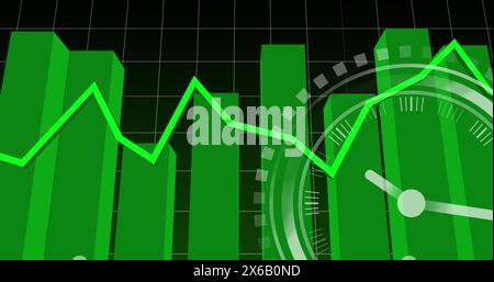 Image of ticking clock over statistical data processing against black background Stock Photo
