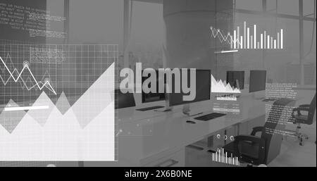 Image of multiple digital icons and data processing against empty office Stock Photo
