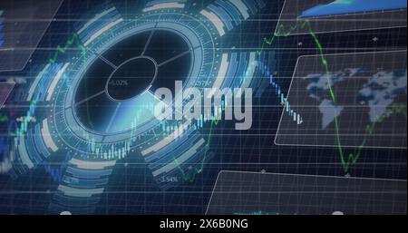 Image of interface with round scanner and financial data processing against blue background Stock Photo