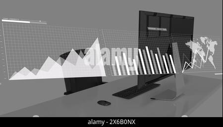 Image of network of connections with icons over office desk with computer Stock Photo