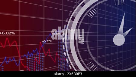 Image of ticking clock over statistical data processing against purple gradient background Stock Photo