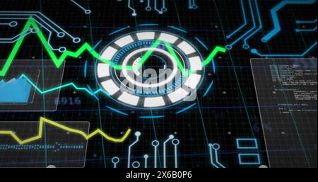 Image of round scanner, statistical data processing and microprocessor connections Stock Photo