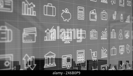 Image of multiple digital icons over grid network against empty office Stock Photo