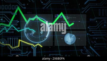 Image of interface with round scanner, data processing and microprocessor connections Stock Photo
