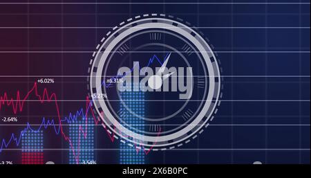 Image of ticking clock over statistical data processing against purple gradient background Stock Photo