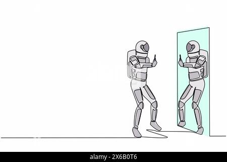 Single continuous line drawing astronaut in spacesuit taking selfie in front of mirror. Addiction on smartphone and internet satellite. Cosmonaut deep Stock Vector