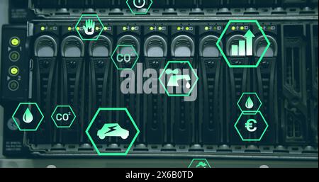 Image of falling icons over server room Stock Photo