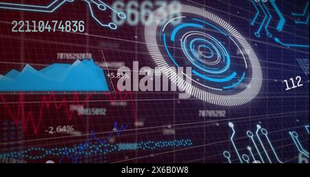 Image of changing numbers, round scanner, statistical data processing against purple background Stock Photo