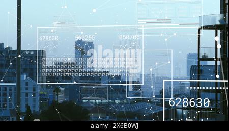 Image of data processing over cityscape Stock Photo