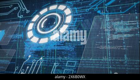 Image of interface with round scanner, data processing and microprocessor connections Stock Photo