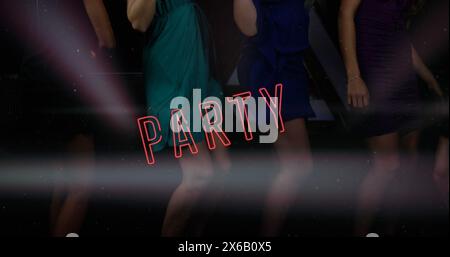 Image of party text over diverse female friends dancing Stock Photo