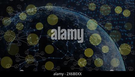 Image of dots blinking over connections and globe on black background Stock Photo