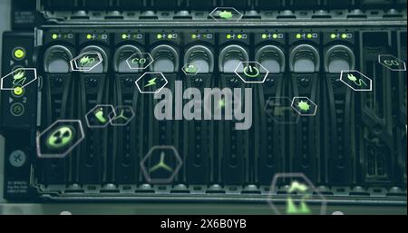 Image of falling icons over server room Stock Photo