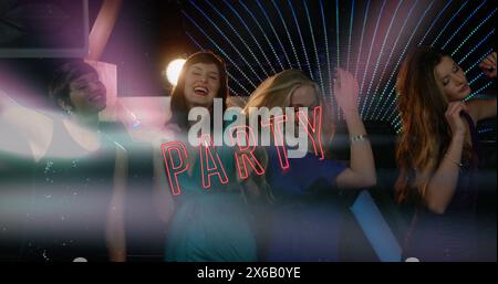 Image of party text over diverse female friends dancing Stock Photo
