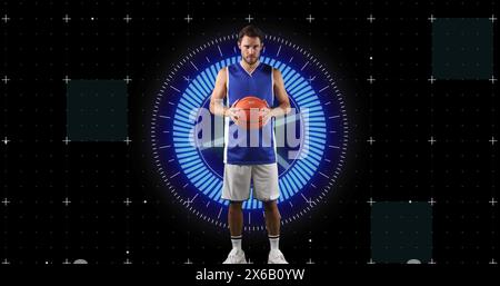 Image of red in blue neon circles over blue and yellow scope scanning Stock Photo