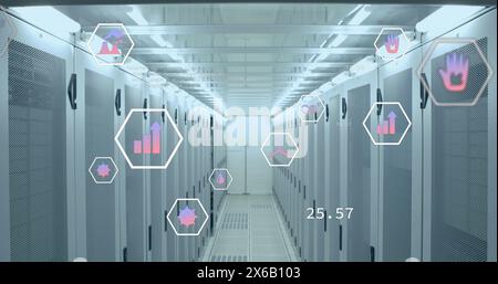 Image of falling icons over server room Stock Photo