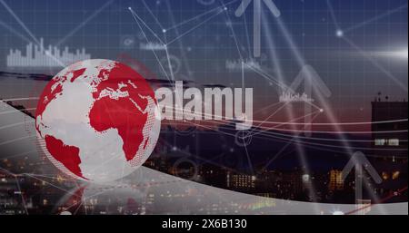 Image of digital globe with computer network, arrows and graphs rotating against cityscape Stock Photo