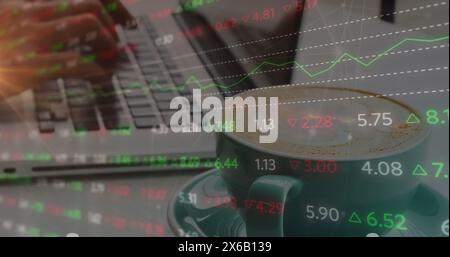 Image of data processing over hands using laptop Stock Photo