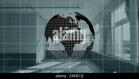 Image of red line graphs moving on globe with grids against building interior Stock Photo