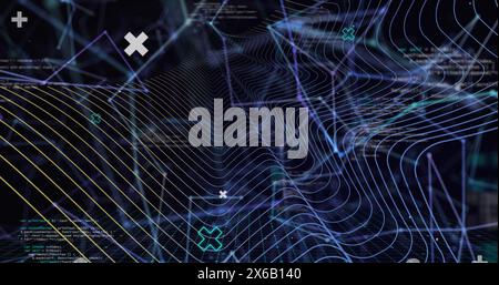 Image of digital dots interconnecting with lines and programming data with wave patterns Stock Photo