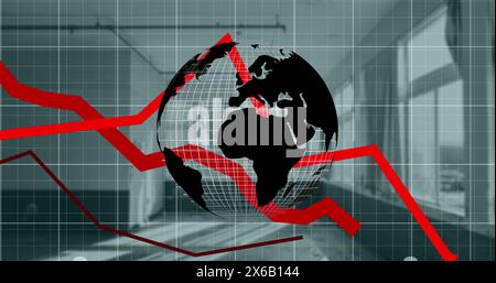 Image of red line graphs moving on globe with grids against building interior Stock Photo