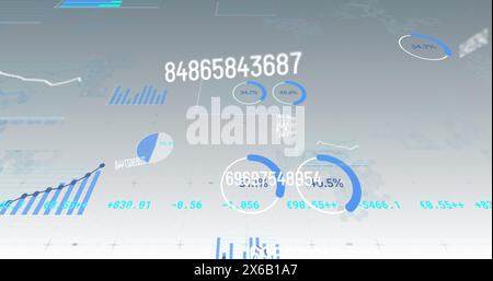 Image of multiple changing numbers and statistical data processing against grey background Stock Photo