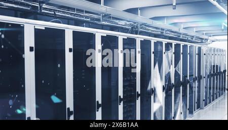 Image of data processing and plexus networks against computer server room Stock Photo
