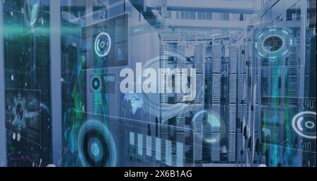 Image of digital clock, globes, radar and computer language over server racks Stock Photo
