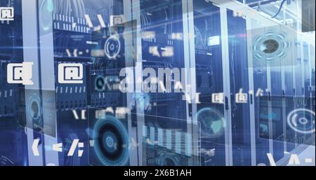 Image of multiple symbols, radars, globes and computer language over server racks Stock Photo