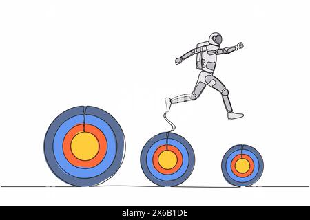 Single one line drawing astronaut jumping up higher target goals. Spaceship expedition next galactic journey. Future technology. Cosmic galaxy space. Stock Vector