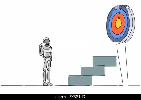 Single one line drawing astronaut standing in front of stairway to high target. Spacecraft business industry growth and path to success. Cosmic galaxy Stock Vector