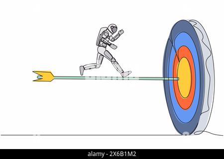 Single one line drawing of young astronaut run to center of bullseye on big dart. Reach successful spaceship expedition target. Cosmic galaxy space. C Stock Vector