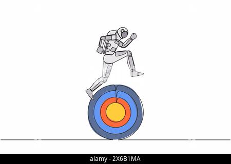 Single continuous line drawing astronaut running on target board in moon surface. Move forward in spaceship tech for galactic expedition. Cosmonaut de Stock Vector