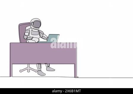 Continuous one line drawing astronaut typing and sending messages at working desk. Researching preparations for launching spacecraft. Cosmonaut outer Stock Vector