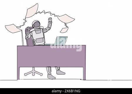 Single one line drawing happy astronaut throwing paper documents in air at working desk. Enjoying space business success. Cosmic galaxy space. Continu Stock Vector