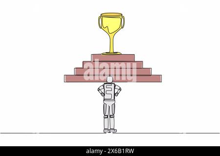 Single continuous line drawing of astronaut standing in front of staircase with trophy on top. Path to success in cosmic exploration. Cosmonaut deep s Stock Vector