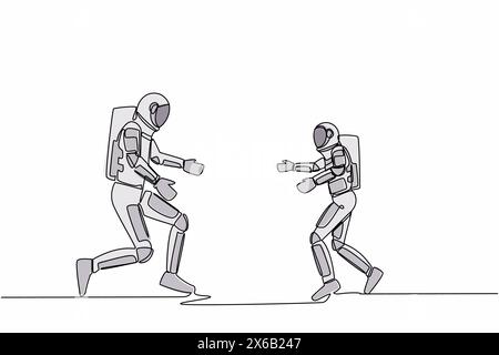 Single continuous line drawing of joyful little astronaut kid running to dad spaceman for family hug. Happy son meeting father with love. Cosmonaut de Stock Vector