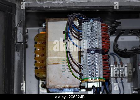 the transformer of elevator systems in the control panel for the source to the contractor. Stock Photo