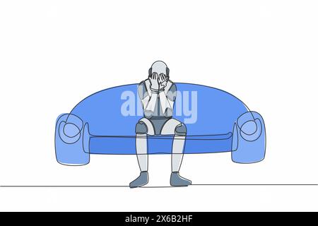 Single one line drawing lonely robot sitting on couch. Holding his head. Failure concept. Robotic artificial intelligence. Technology industry. Contin Stock Vector