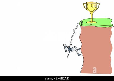 Continuous one line drawing robot climber hanging on rope and pulling himself on top of rocky mountain wall to reach trophy. Future robotic developmen Stock Vector