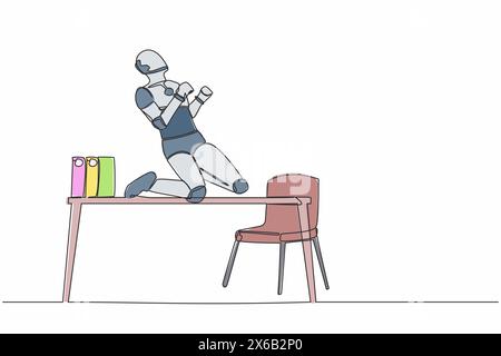 Single continuous line happy robot kneeling with celebrating goal pose on table desk. Future technology. Artificial intelligence machine learning proc Stock Vector