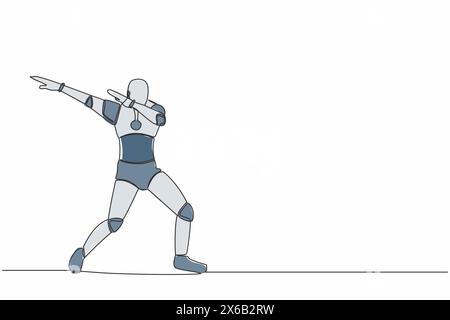 Single continuous line happy robot standing with crossing arms and look down. Future robotic development. Artificial intelligence machine learning pro Stock Vector