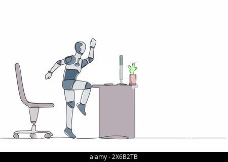 Single continuous line happy robot jumping and dancing on his workplace, computer desk. Celebrating success. Artificial intelligence machine learning Stock Vector